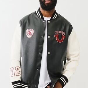 True Religion Black and White Bomber Varsity Jacket